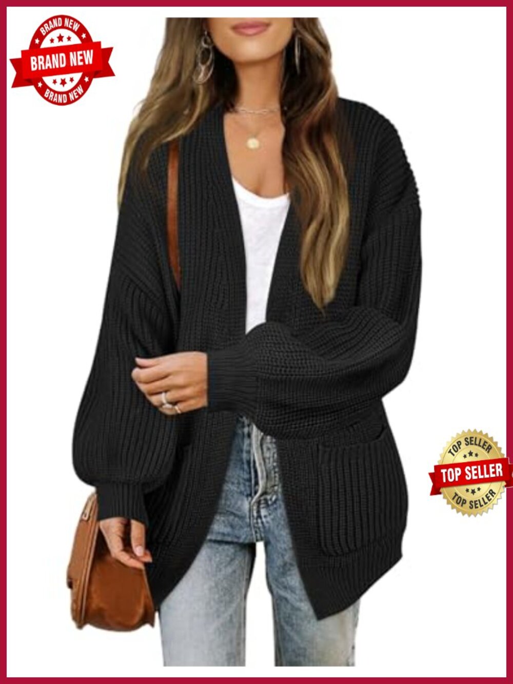 Oversized Lantern Sleeve Chunky Knit Cardigan Sweater for Women